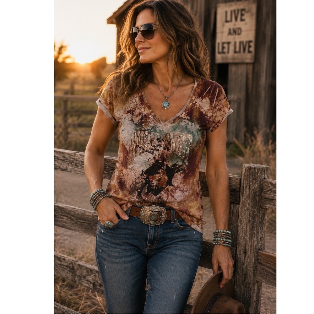 Live and Let Live Wild West Rhinestone Tie Dye Burnout Graphic Tee XL Womens